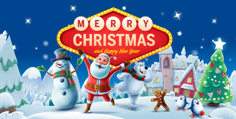 Christmas village illustration with Santa Claus, snowman, bear, penguin and gingerbread