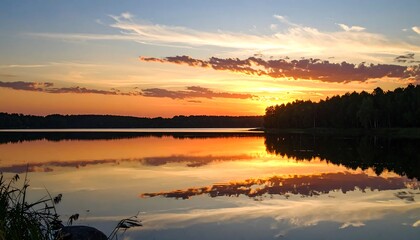 Beautiful Sunset Reflection Over a Tranquil Lake with Trees in the Distance