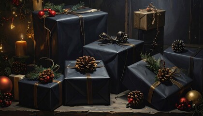 Christmas Gifts Beautifully Wrapped with Decorations, Pinecones, Candles and Lighting