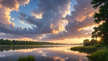 Beautiful sunset landscape with lake, clouds, and trees reflecting in water