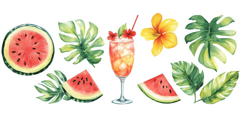 Watercolor illustration featuring refreshing summer cocktail with ice, surrounded by vibrant watermelon slices, tropical leaves, and a bright hibiscus flower, perfect for seasonal print design 