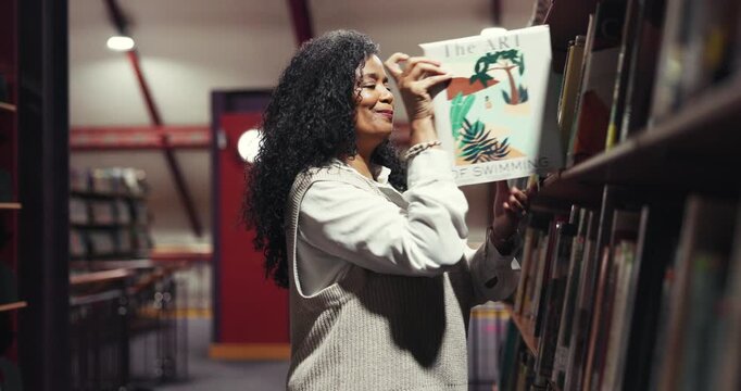 Research, choice and library with woman for books, education or college learning. Mature professor, project and information for thesis with bookshelf at night for knowledge, campus or university