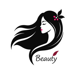 Beautiful woman with long hair logo design isolated on white background for beauty salon or fashion brand identity concept vector