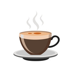 Obraz premium A steaming cup of coffee with froth sitting atop a saucer on a white background with rising vapors