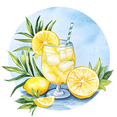 Limoncello cocktail illustration featuring fresh lemons, ice, and green straw, surrounded by vibrant lemon slices and leaves, perfect for t-shirt print design and summer beverage concept