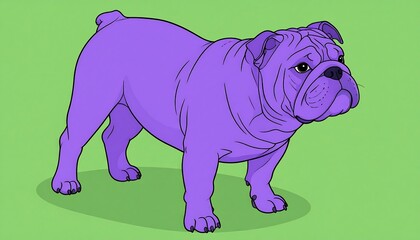 Cartoon Illustration of a Purple Bulldog Standing on a Green Background