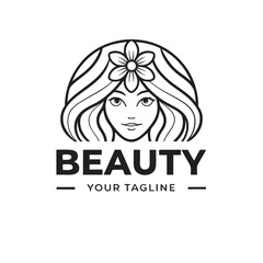 Minimalist beauty logo featuring a womans face with flower isolated on white background for branding and design projects in beauty industry