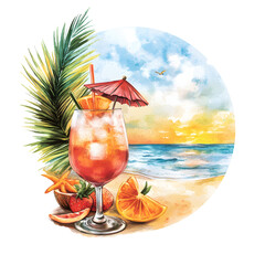 Summer cocktail illustration featuring vibrant fruits, a refreshing drink with an umbrella, and a serene beach backdrop, perfect for t-shirt print design and watercolor art enthusiasts