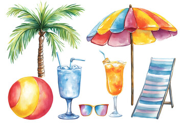 Watercolor illustration set featuring summer beach elements including palm tree, colorful umbrella, refreshing drinks, beach ball, sunglasses, and lounge chair for vibrant seasonal design concepts