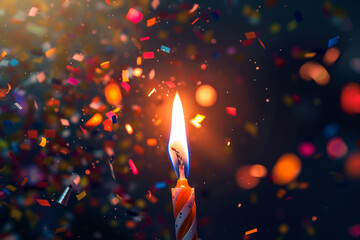 Confetti forming the shape of a birthday candle flame, flickering brightly against a dark background, illuminating the celebration.
