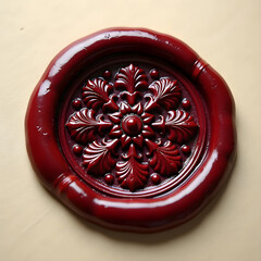 Vector art of closeup of an ornate red wax seal with a floral design in the center