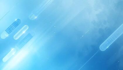Abstract light blue background with translucent capsule shapes and glowing light streaks, suggesting motion and technological advancement.