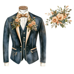 Vintage rustic wedding groom outfit featuring elegant floral decor in watercolor illustration style, showcasing a sophisticated suit with a bow tie and floral accents, perfect for celebrations