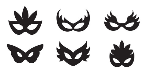 Mask superhero or carnival bandit burglar vector icon set. Black masquerade costume eye mask silhouette hidden villain scammer face. Simple design theater artist masque shape vector illustration. 