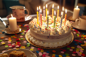 Confetti scattered on a table, surrounding a birthday cake adorned with candles, ready to be lit and wished upon.