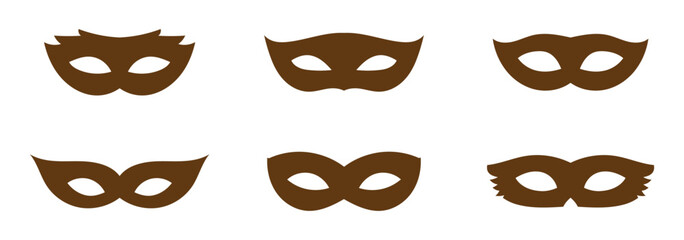 Mask superhero or carnival bandit burglar vector icon set. Black masquerade costume eye mask silhouette hidden villain scammer face. Simple design theater artist masque shape vector illustration. 
