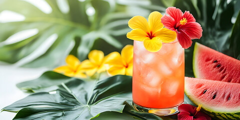 Refreshing summer cocktail garnished with vibrant frangipani and hibiscus flowers, surrounded by lush monstera leaves and juicy watermelon slices, perfect for tropical vibes and relaxation