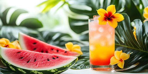 Refreshing summer cocktail garnished with vibrant frangipani flowers, surrounded by juicy watermelon slices and lush monstera leaves, creating a tropical paradise atmosphere for relaxation