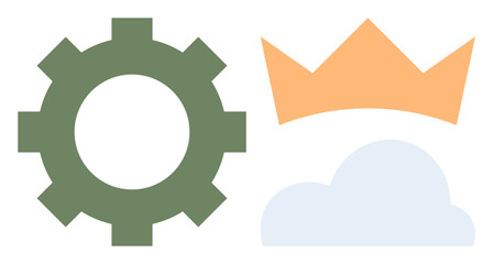 Green gear, orange crown, and light blue cloud emphasize industry, leadership, and creativity. Ideal for teamwork, innovation, strategy, collaboration leadership success productivity concepts