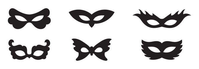 Black mask vector icon collection. Different masks silhouette isolated on white background. Set Superman, Superhero themes, cosplay graphics, comic illustrations, logo, and creative designs. powerful.