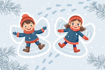 Children making snow angels on a snowy day. Cute little boy and girl in the snow. Illustration.