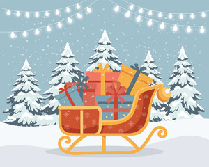 Santas sleigh with presents in a winter forest. Christmas sleigh with presents in a snowy winter scene. Illustration.