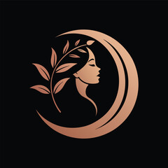 Sophisticated beauty logo with a womans silhouette, crescent moon, and botanical elements, ideal for spa and wellness brands © Sadhin07