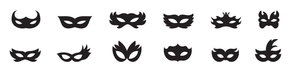 Obraz premium Mask superhero or carnival bandit burglar vector icon set. Black masquerade costume eye mask silhouette hidden villain scammer face. Simple design theater artist masque shape vector illustration. 