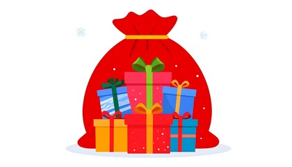 Christmas gifts overflowing from a red sack, vector illustration on white background