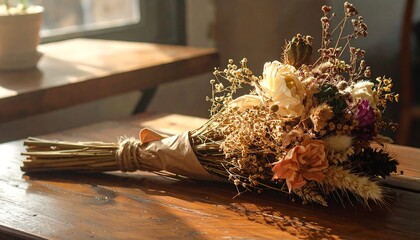 Close-up of a Dried Flower Bouquet on a Wooden Table with Natural Light