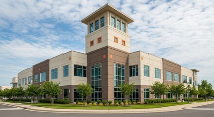 Modern office building with tower and landscaping