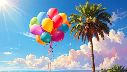 Bright and Colorful Balloons Rising Against a Tropical Beach and Palm Tree