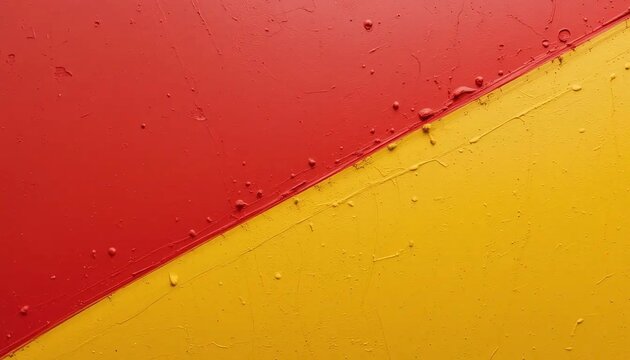 A close-up macro shot of a textured surface painted in vibrant red and yellow, divided by a diagonal line.