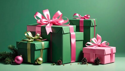 Christmas Gifts in Green and Pink with Holiday Decorations