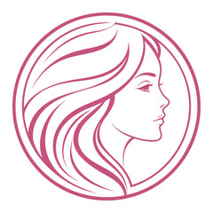 Elegant woman portrait in profile with flowing hair, minimalist line art in a circle, isolated on white background