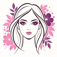 Beautiful woman face with flowers, makeup and flowing hair, line art illustration, isolated on white background