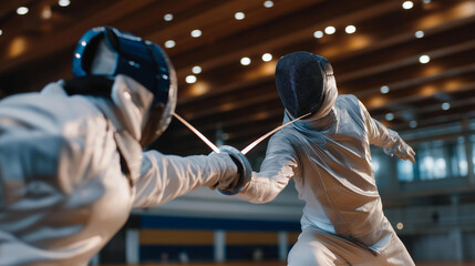 A student practices fencing in a campus gym with swords clashing, masks on, and coaches shouting tips, depicted in a dynamic photo with blade gleams, footwork blur, and competitive intensity.