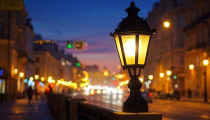 Cityscape at Dusk: Illuminated Lamp Post in Evening Street Scene