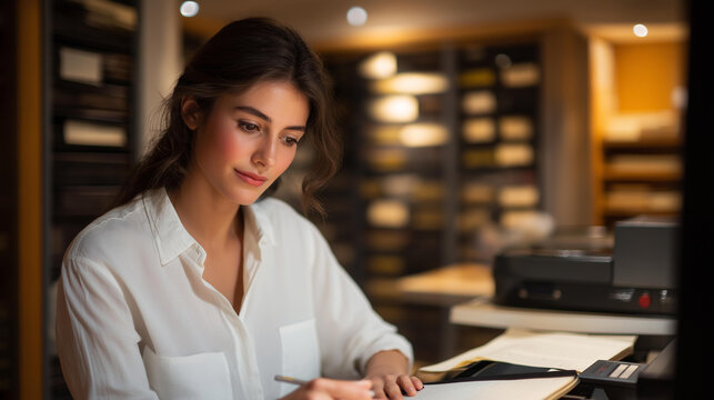 A student scans microfilm in a library&rsquo;s media room, with a reader humming, film reels spinning, a notebook open, and shelves of archives in the background, depicted in a nostalgic photo with reel