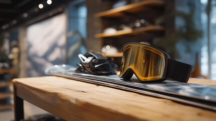 In a sports store, skis and goggles are displayed on metal shelves, the skis' fiberglass smooth and edged, bindings adjusted, and the goggles' frame curved, strap elastic. A wooden floor, its grain