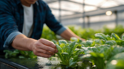 Gardener’s hands adjusting a greenhouse irrigation system showcase modern farming technology, sustainability, climate control, and efficient agricultural innovation. three-quarter wide angle,