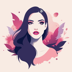 Attractive woman with long dark hair and pink floral background, a beauty portrait for cosmetic and fashion concept, vector illustration