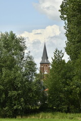 Le clocher de l'église Saint-Jean l'Évangéliste derrière les arbres à Ghislenghien (Ath)