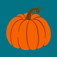 Bright orange pumpkin on a blue background. Autumn harvest symbol associated with Halloween and Thanksgiving, perfect for seasonal themes, food projects, packaging and festive designs.