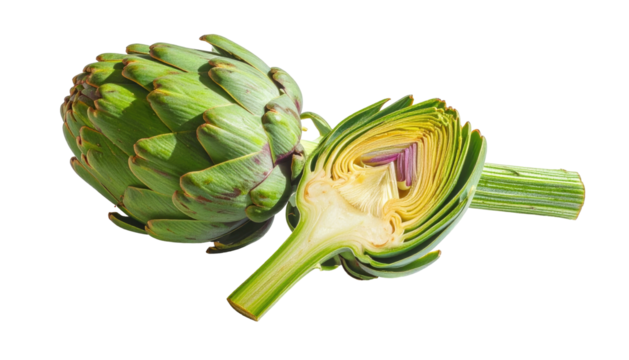 Fresh artichoke head, sliced open, displaying inner structure