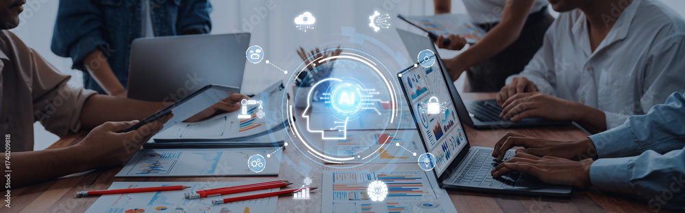 Wall mural a concept of a global ai ecosystem centered on digital intelligence. network integrates diverse appl