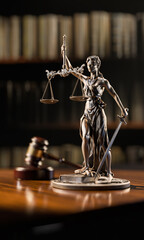 Legal Concept: Themis is the goddess of justice and the judge's gavel hammer as a symbol of law and order on the background of books