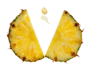 Two halves of a pineapple, sliced vertically, revealing a bright yellow interior with visible segments. Small seeds or pips are visible above the fruit