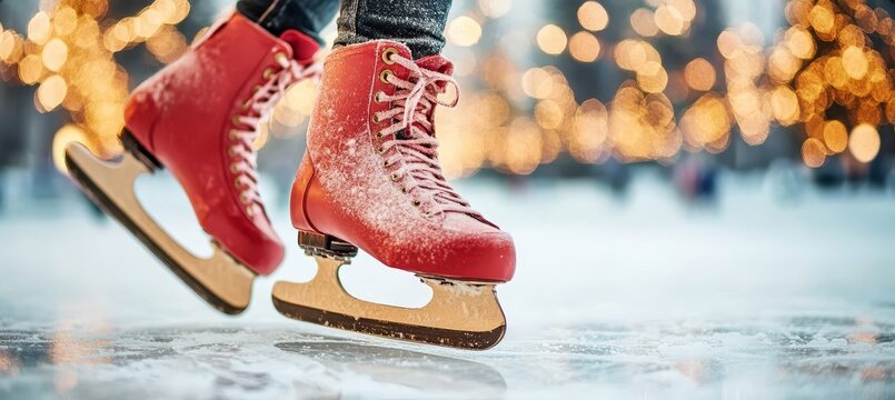Romantic Ice Skating Pair Enjoying a Magical Christmas Night under Glowing Festive Lights