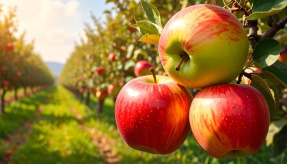 Close-up of ripe apples on a tree in an orchard with rows of trees in background